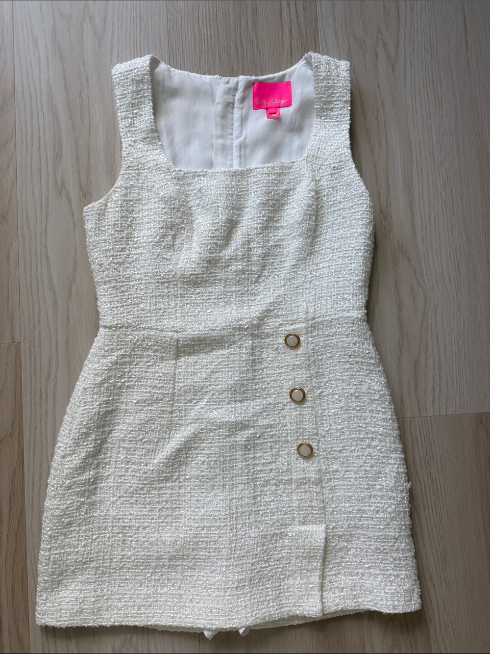 Lilly Pulitzer White Tweed Mini Dress with Gold Buttons sz 4 worn one time